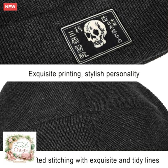 Embroidered Skeleton Skull Beanie Adjustable Stretch Acrylic Winter Warm - Picture 5 of 7